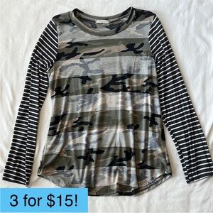 12PM By Mon Ami Green Black Camo Stripes Long Sleeve Shirt, Medium